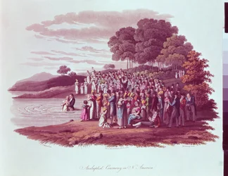 Cérémonie anabaptiste en Amérique du Nord, gravée par M. Dubourg, 1819